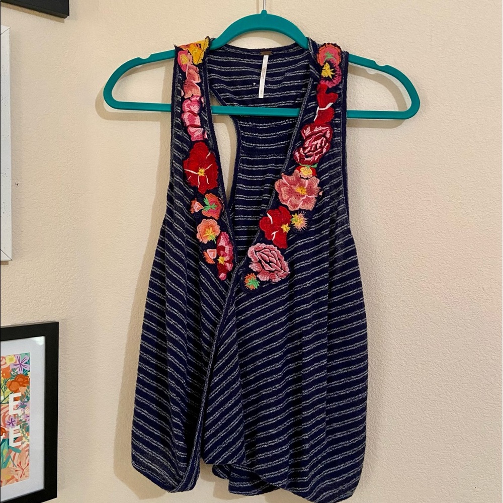 {Free People} Embroidered Blue Racerback Top - Picture 3 of 5